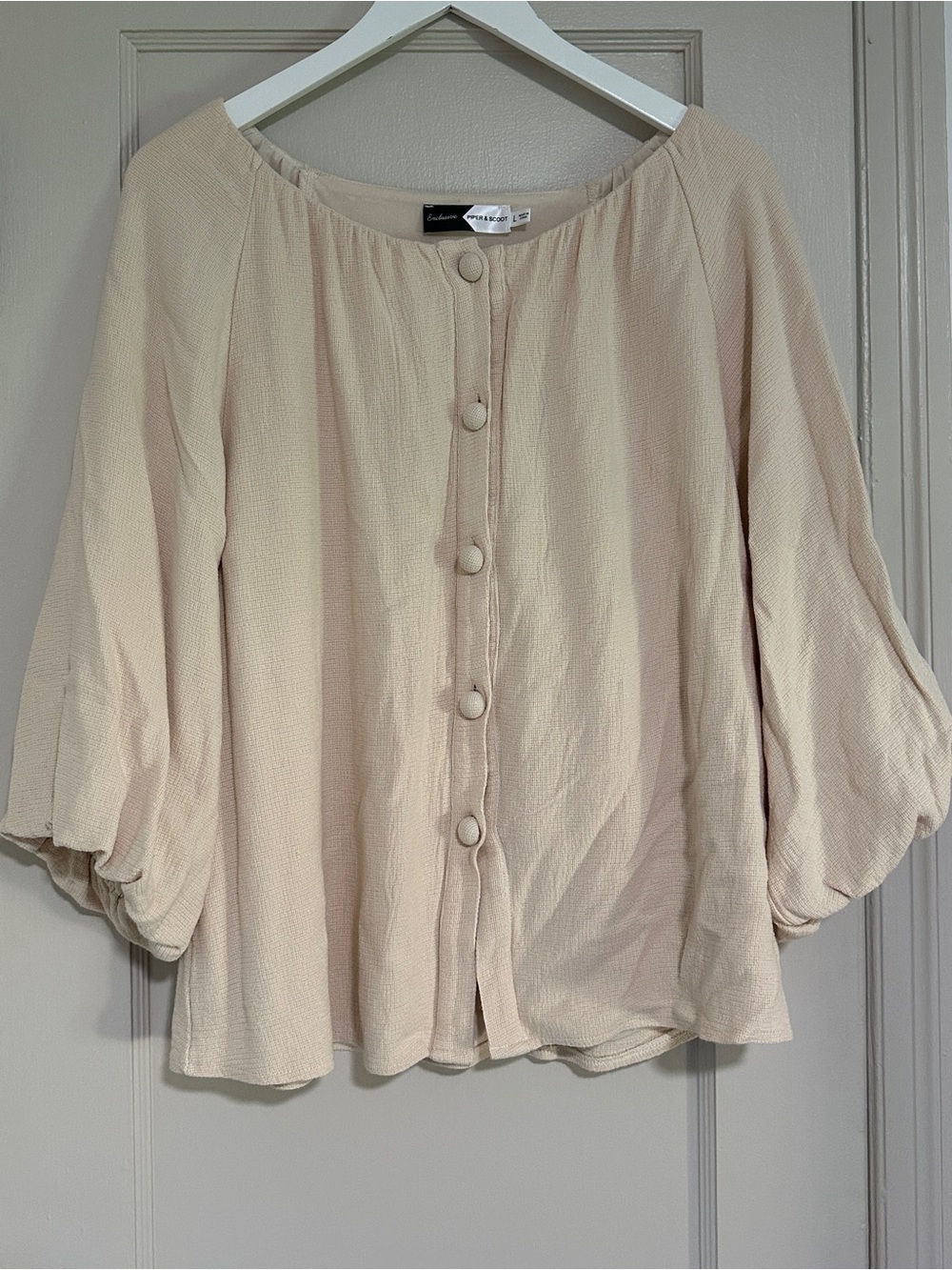 Cream Button-Front Balloon Sleeve Top